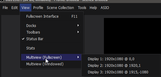 OBS Studio Multiview. Super handy tool for quickly swapping scenes on the fly. This feature is a big reason it is the best streaming software.View -> Multiview(Fullscreen) -> Display 1: 1920x1080 @ 0,0, Display 2: 1920x1080 @ 1920,1, Display 3: 1920x1080 @ 1915,-1080