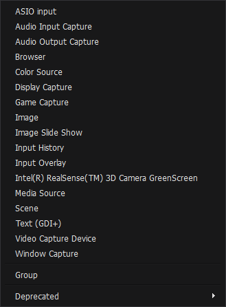 OBS Studio sources list. These sources can be expanded with plugins & is the main reason that OBS is the best streaming software.