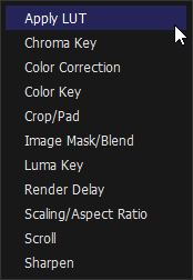 Effect Filter list for OBS Studio - LUT selected