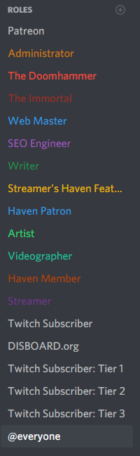 Breakdown of user roles I use on the Streamer's Haven Discord server.