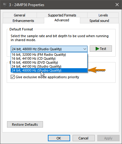 Select Advanced Tab, and swap sample Rate to match OBS's settings