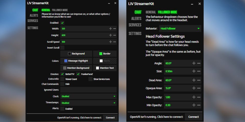 The Twitch chat in VR Settings window in LIV that determine how it looks, and where it is positioned on screen.