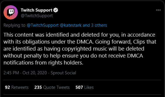 Twitch DMCA response to katestark's tweet on Twitter