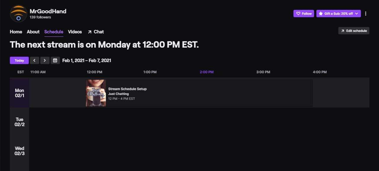 The Stream Schedule on Twitch being Tested
