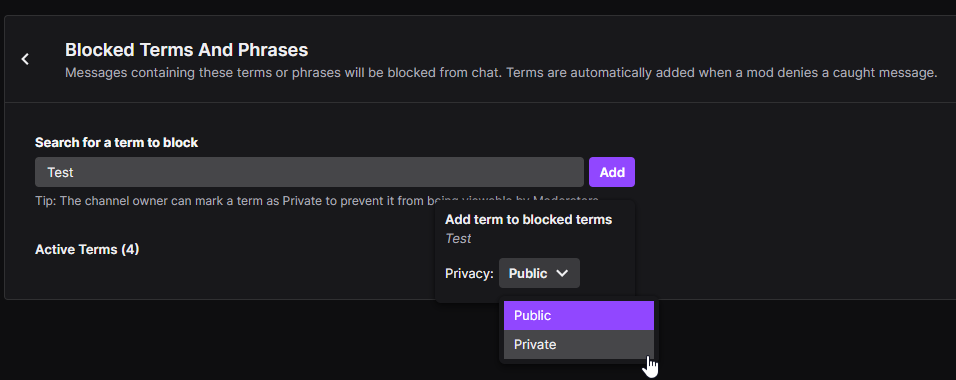 private vs public blocked terms and phrases twitch automod