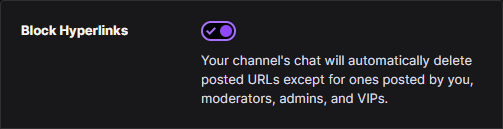 The Block links setting within Twitch's Moderation tools.