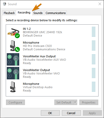 Windows Sound Control Panel - Used to increase microphone volume and assign default devices