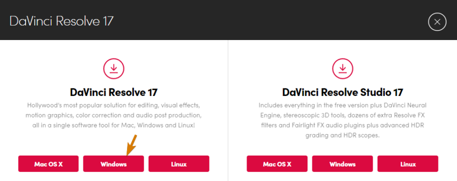 Davinci Resolve 17 Version Select - OS Selection