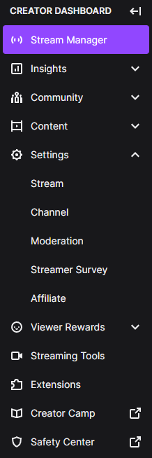 Twitch Creator Dashboard 2022 Settings expanded