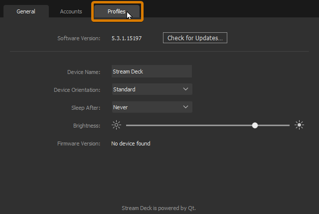 Profiles Tab highlighted in Stream Deck Software settings window