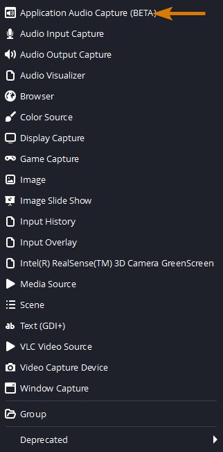 OBS Source list - Application specific audio capture pointed out with an arrow