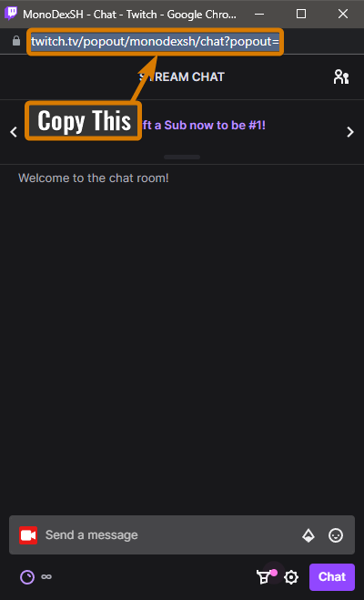 Twitch Popout chat Window - Url is highlighted for emphasis, and text saying copy this is added for effect