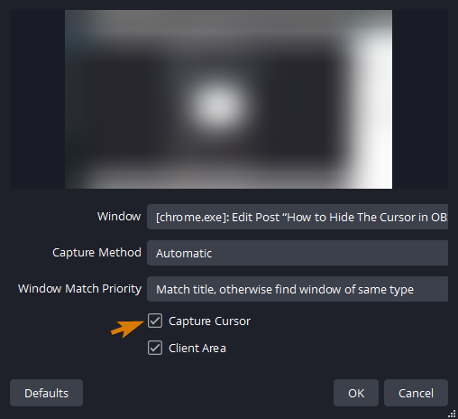 Hide your cursor from the window capture source in obs studio