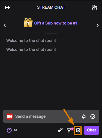 Twitch Chat Settings Cog Location highlighted with an arrow