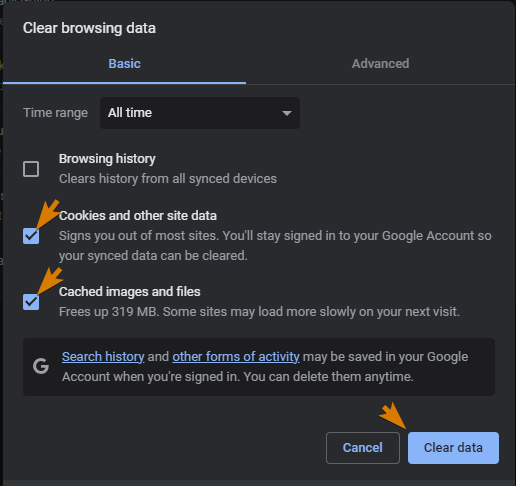 Clear browsing data window featuring how to delete the cache.
