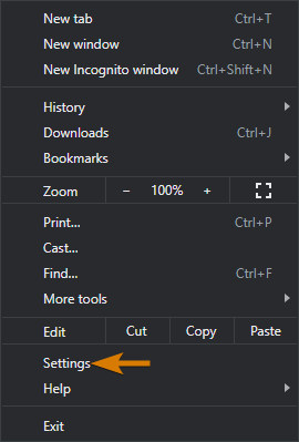 Settings button pointed to with an orange arrow in google chrome