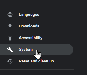 System settings in google chrome highlighted with a pointer finger.