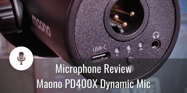 Maono PD400X Featured Image - Shows the connection ports in the rear of the microphone, an XLR, USB-C, and 3.5mm port