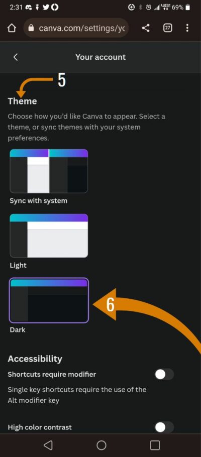 Switch to dark mode in canva