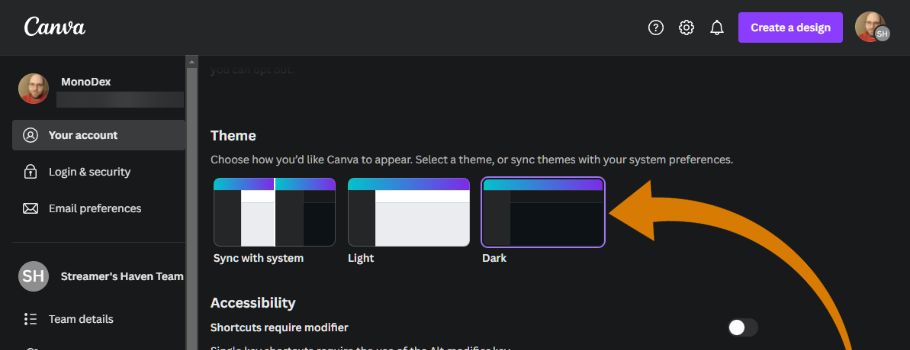Canva Select Dark Mode