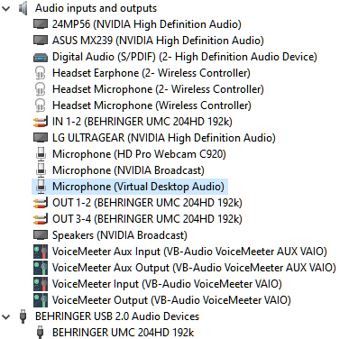 Device manager Audio Devices list